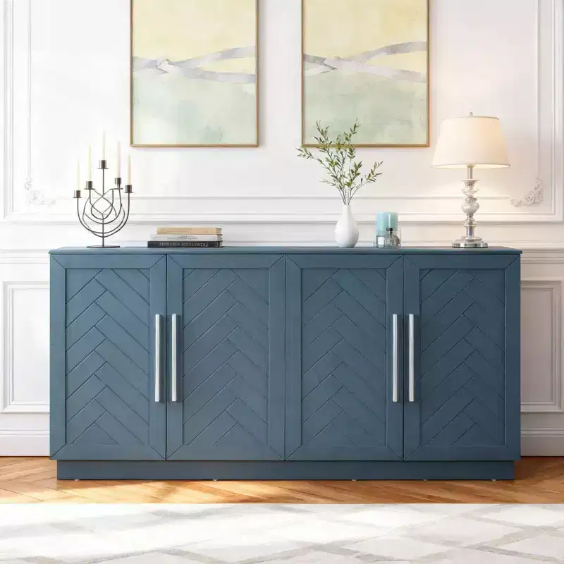 Sideboard Cabinet with Adjustable Shelves and Silver Handles for Dining & Living Room, Antique Blue