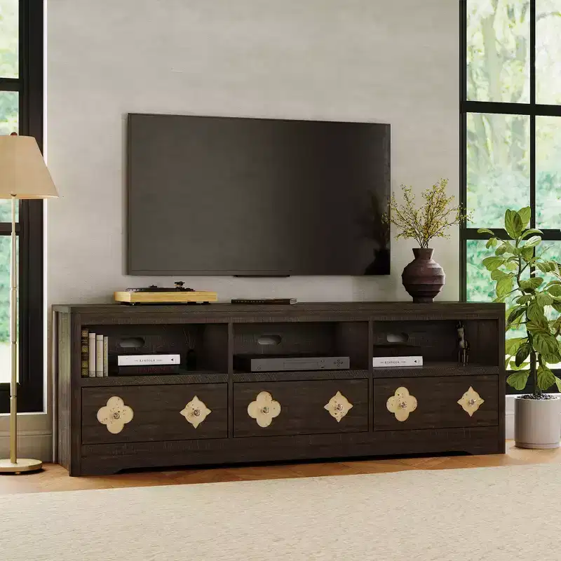 COZONY 70 Mid-Century Modern TV Stand for TVs up to 85, Entertainment Center with Engraved Drawer and Open Storage Shelves