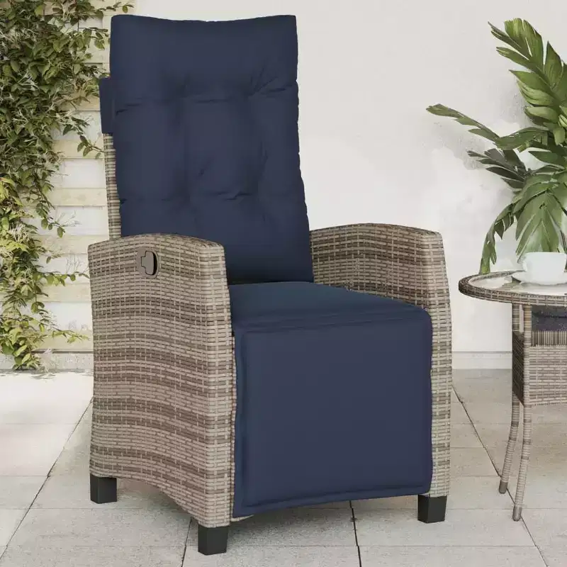 vidaXL Reclining Patio Chair with Footrest - Gray Poly Rattan & Navy Cushion, Weather-Resistant, Adjustable Backrest for Outdoor/Garden/Deck Use