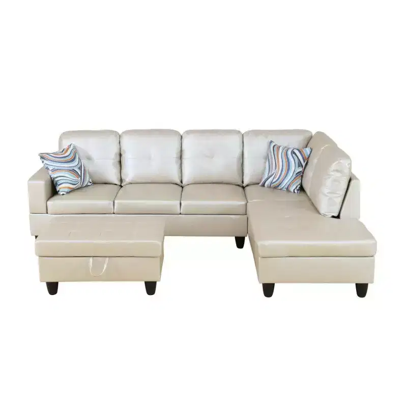 Beige Semi-PU Leather Sectional Sofa C Modern L-Shaped Design, Tufted Cushions, Storage Ottoman, Versatile Home Dcor