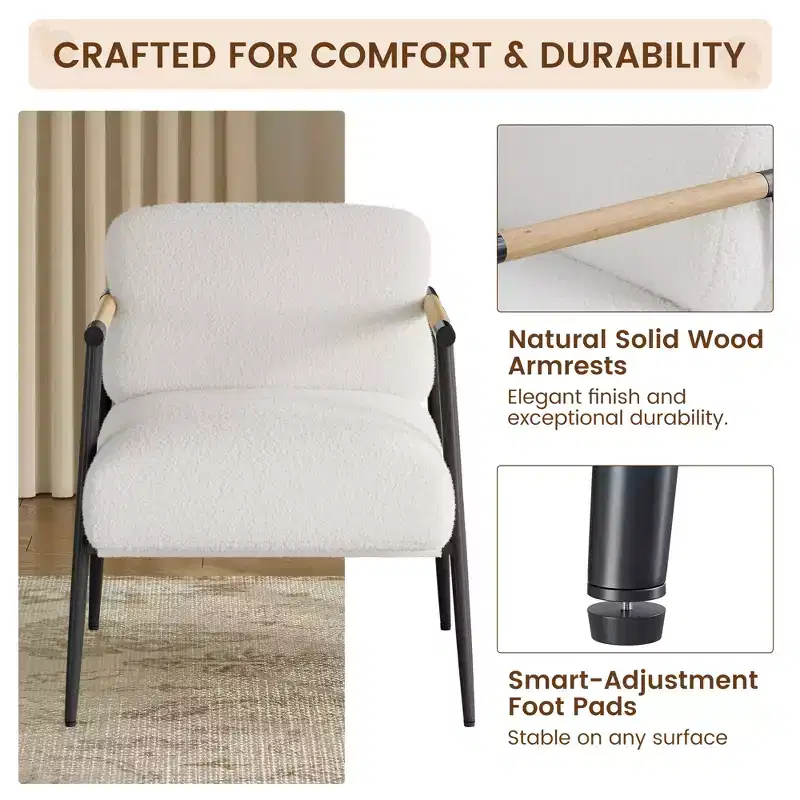 Modern Accent Chair, Cozy Reading Chair Upholstered in Plush 420g Fabric, with Spring Foam Cushion, for Bedroom and Living Room, White