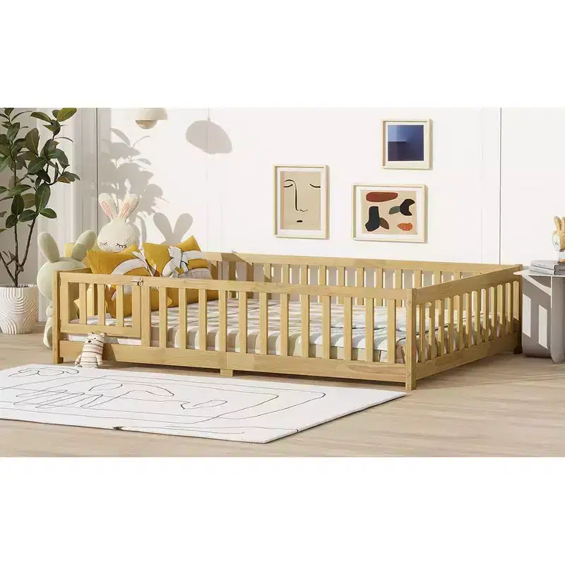 Full Floor Bed with Fence and Door, Rubber Wood Bed Guardrails Beige