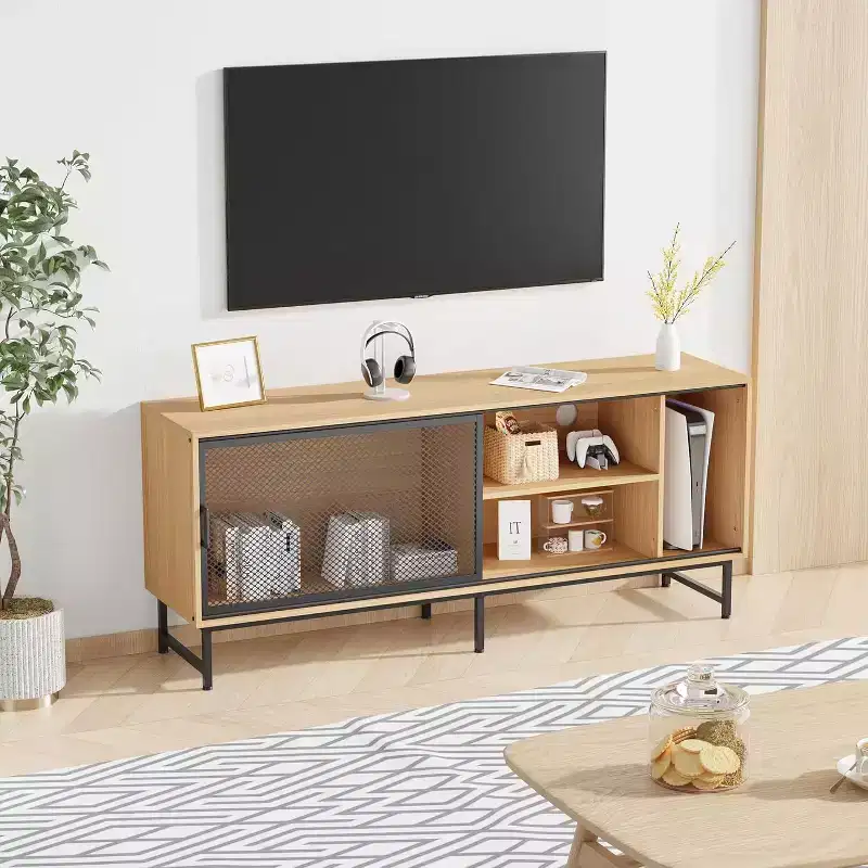 Acekool Industrial TV Stand with Metal Mesh Sliding Doors, Modern Wood Cabinet, Metal Legs, Cable Management, for Living Room