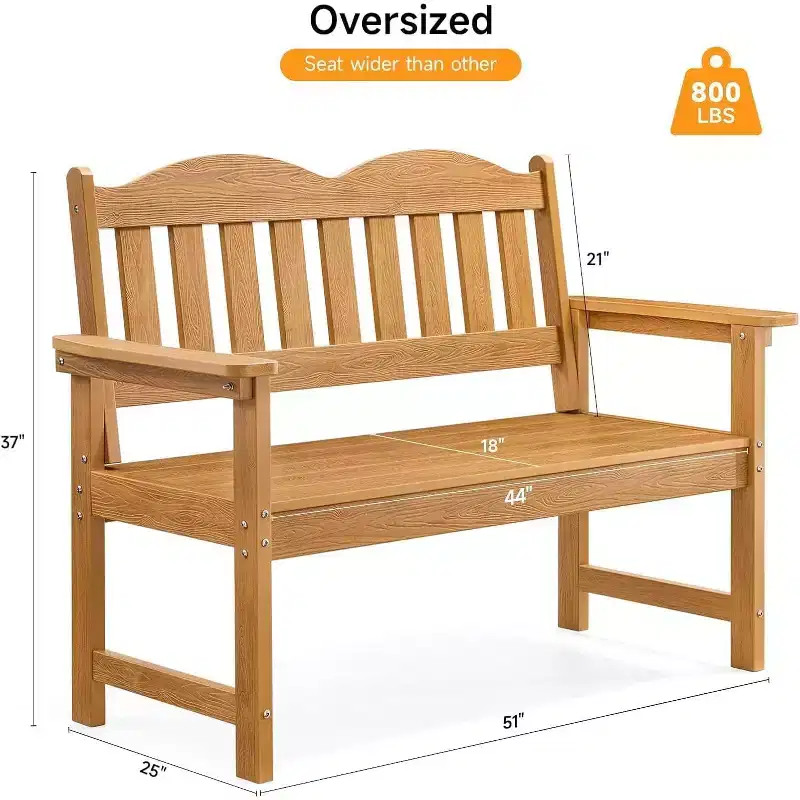 Wood Outdoor Bench, 2-Person Slatted Patio Loveseat with Back & Armrests for Garden, Porch, Deck, Park - Natural, Charcoal, Brown, Blue