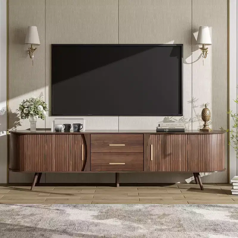 PexFix 70.8 Mid-Century Modern TV Stand for 80 TV Entertainment Center with Storage for Living Room Bedroom Media Console Table with 2 Drawers Brown