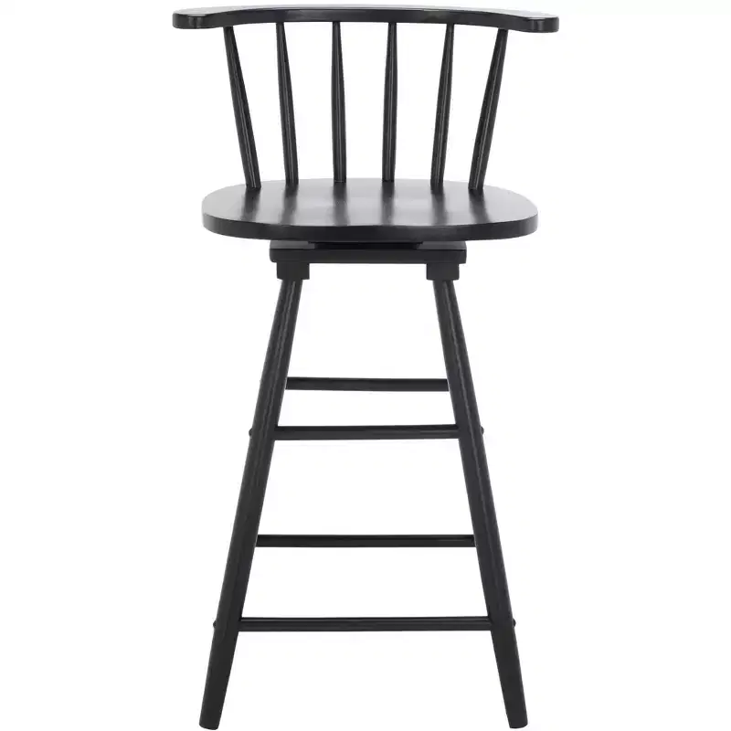 Swivel Counter Stool, Rubberwood Frame, Armless Low Back with Footrest, Black, Fixed Height
