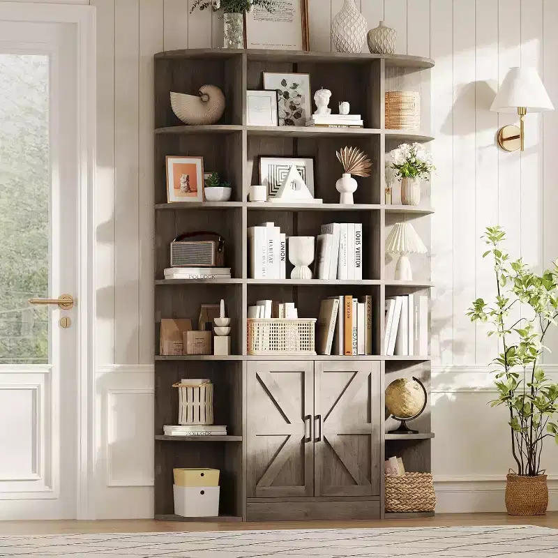 Modern 75 Tall 6-Tier Kids' Bookshelf with Cabinet & Doors - Wooden Storage Organizer & Display for Bedroom, Living Room & Home Office.
