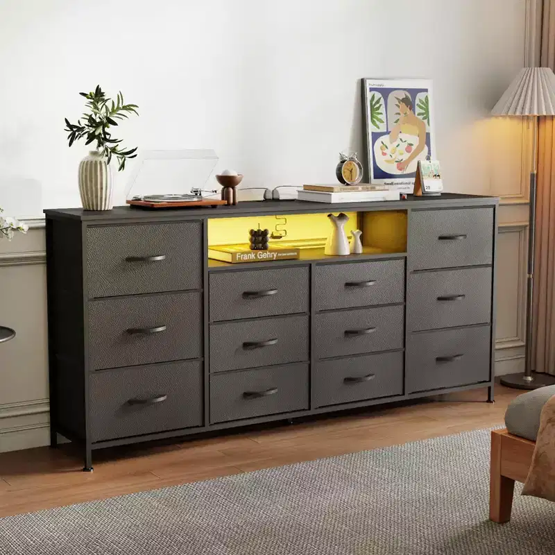 12-Drawer Fabric Dresser, Skinny Chest of Drawers with Charging Station, Led Lights & Metal Frame, Modern Cloth Storage Organizer