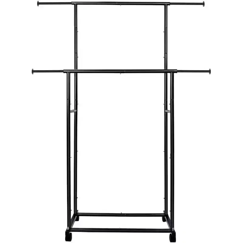 Heavy Duty Double Rod Rolling Clothes Rack, Adjustable Metal Garment Rack with 150 lbs Load Capacity, Locking Wheels & Bottom Shelf