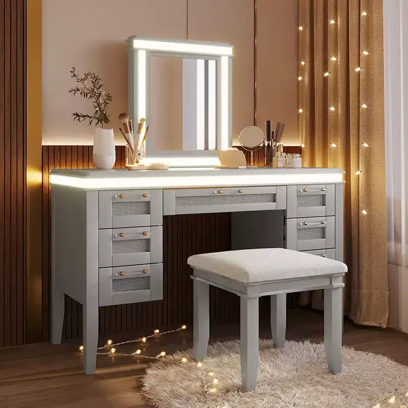 48 Vanity with Mirror & Light, 7 Drawers, Upholstered Stool, Classic Beige, Hollow Drawer Design, Rubberwood Legs Bedroom Style