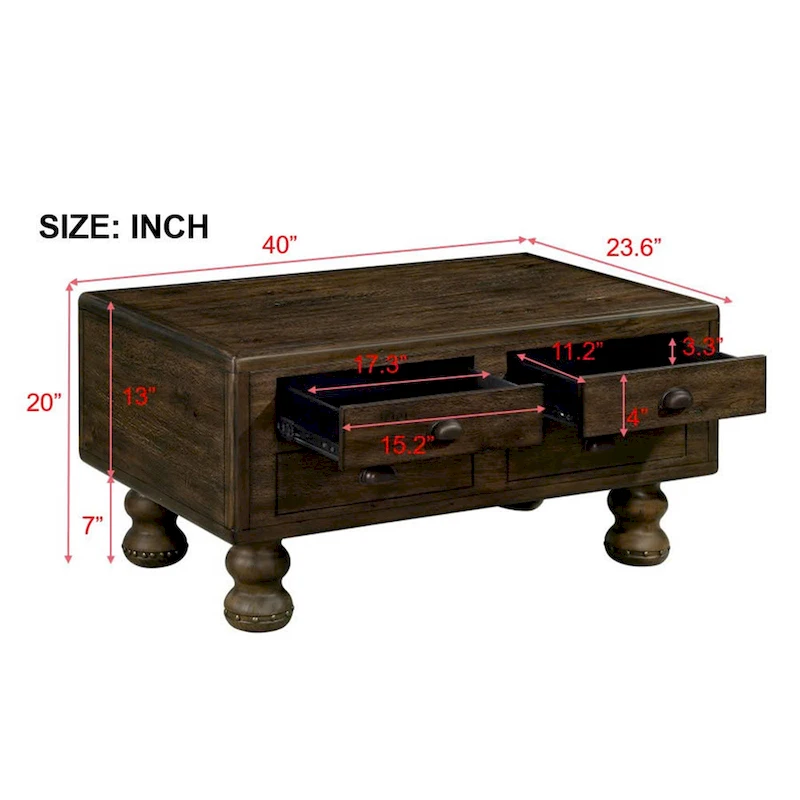 Solid Wood Rectangle Coffee Table with 4 Drawers