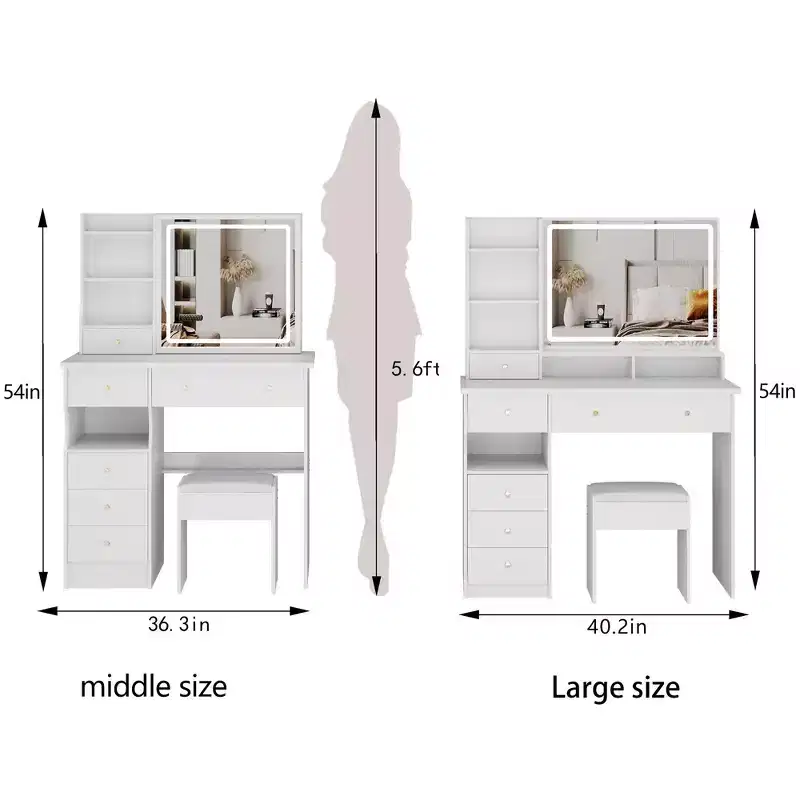 41-Inch Natural Makeup Vanity Desk with Touch-Control LED Mirror, Organized Storage, Matching Stool for Bedroom