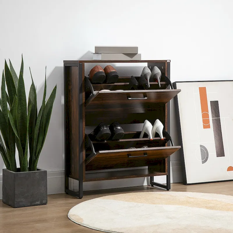 Narrow Flip-Door Shoe Cabinet – Rustic Brown, Industrial Style, Holds 12 Pairs