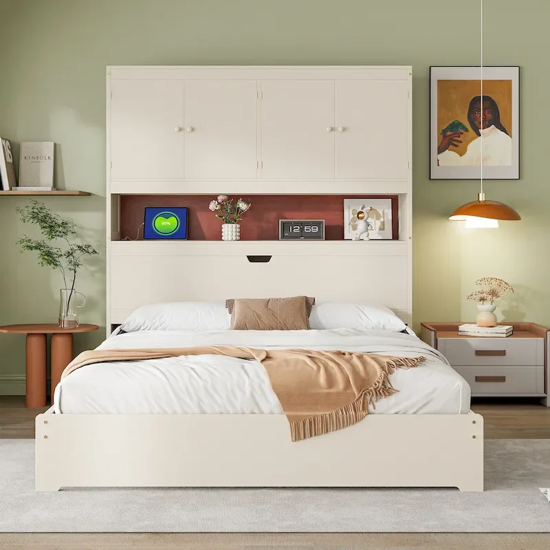 Wooden Platform Storage Bed Full Size Bed Frame with Storage Headboard