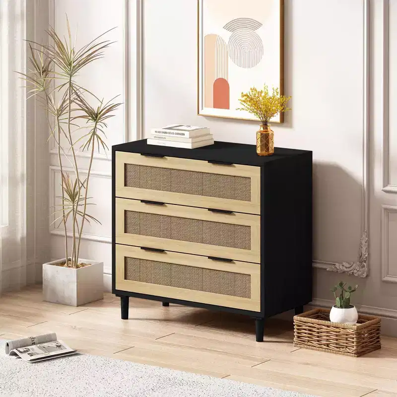Large Nightstand with Drawers, 31.5'' Rattan Dresser Nightstand with 3 Drawers for Living Room Bedroom