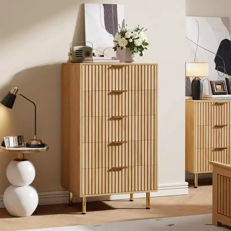 5 Drawer Dresser, Modern Chest of Drawers with Deep Drawers and Wide Top, Fluted Wooden Dresser Organizer for Living Room, Hallway