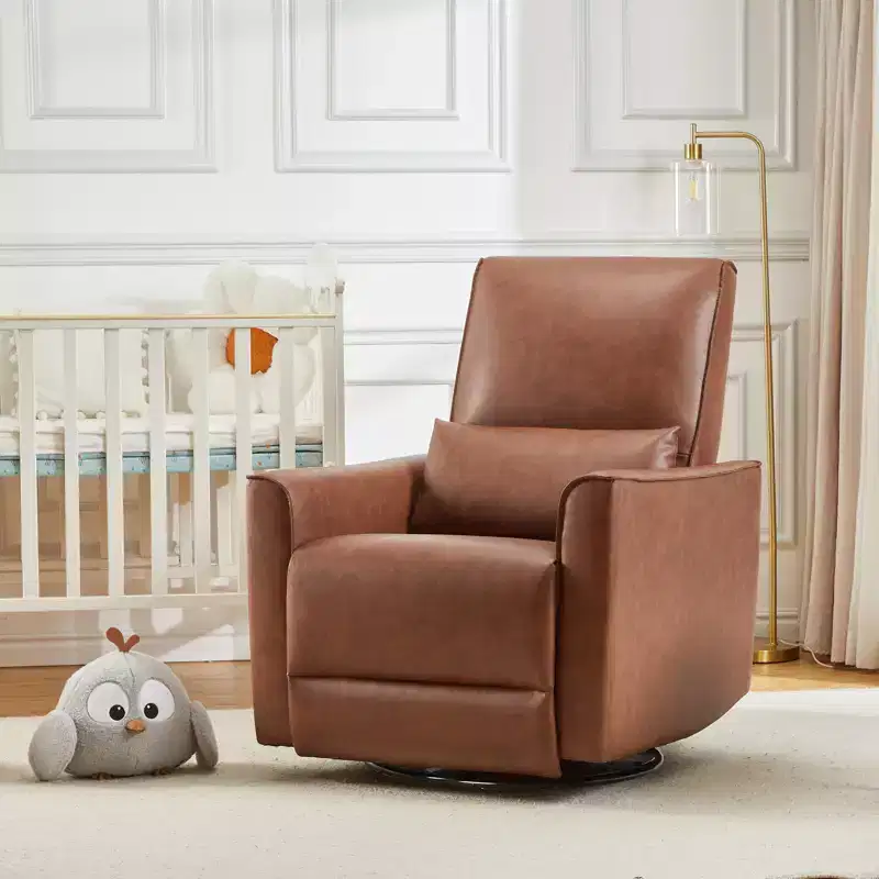 Swivel Rocking Recliner Chair, Manual Leather Recliner Glider, Comfortable Rocker, for Living Room, Bedroom, Brown