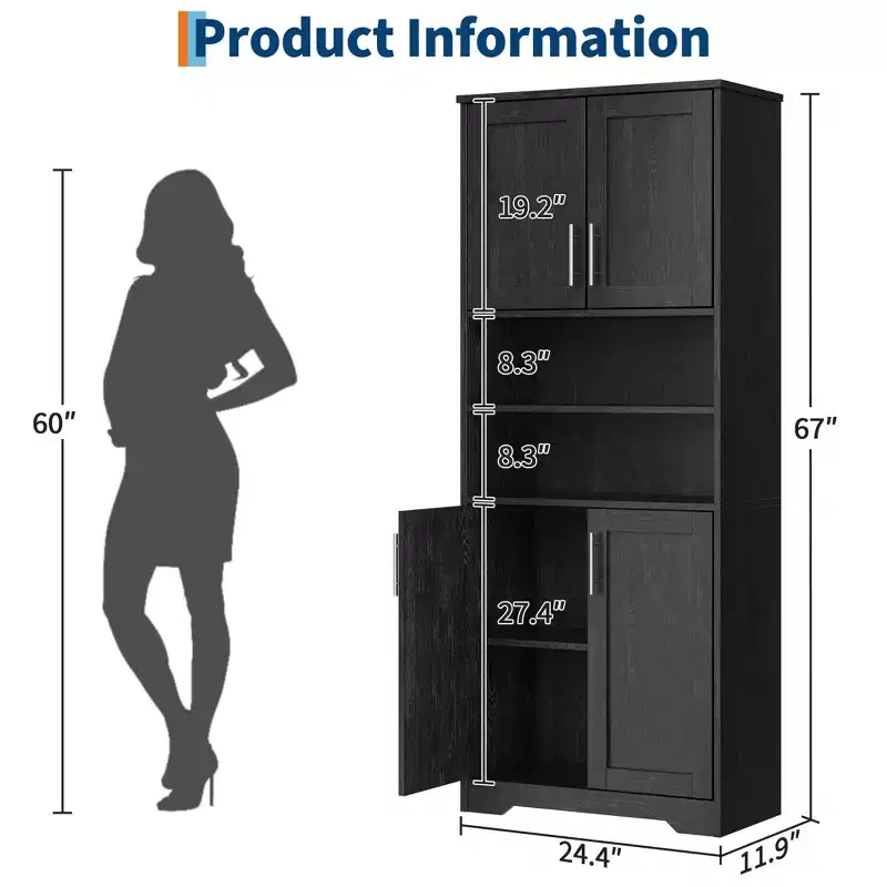 67Farmhouse Tall Storage Cabinet with Glass Doors,Adjustable Shelves Drawer,Anti-Tip Freestanding Pantry Cabinet for Bathroom Kitchen Living Room