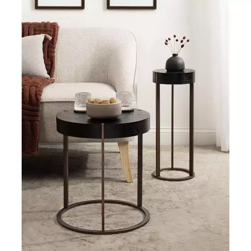 Round Side Table, Wood and Metal, 16x16x18, Black
