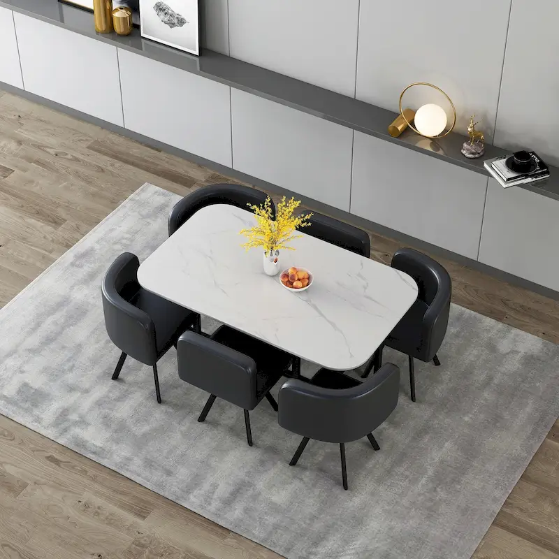 Modern 7-Piece Dining Set with Rectangular Marble Table & 6 Upholstered Chairs