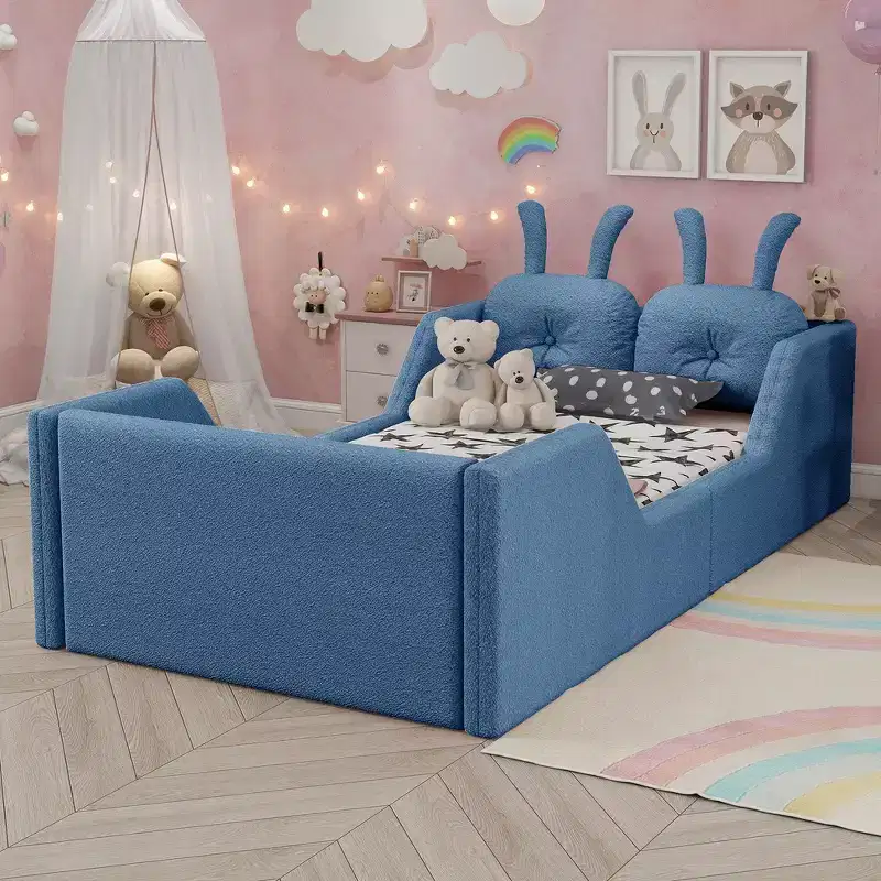 Whisen Twin Platform Bed, Kids Floor Upholstered Bed Frame with Rabbit Cushion, Removable Side Rails