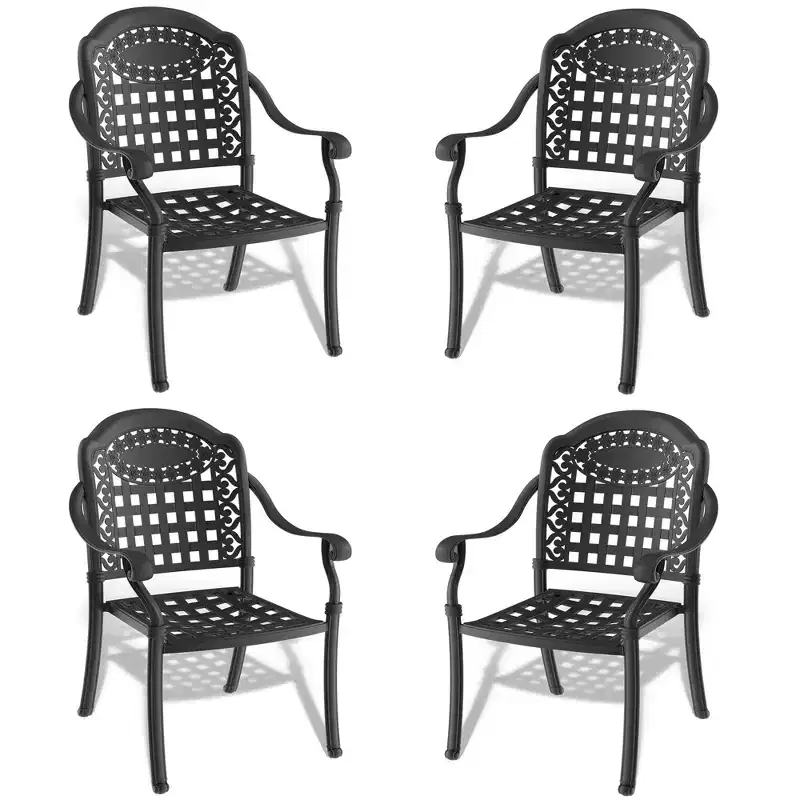 Set of 4 Cast Aluminum Patio Dining Chairs, Black Rust Resistant Frame with Water Resistant Cushions