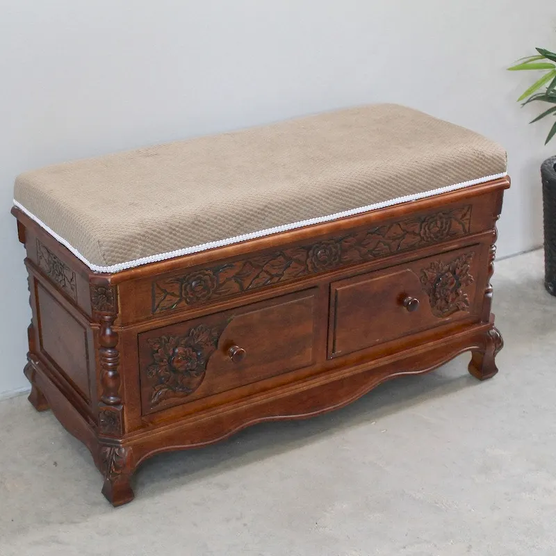 Carved Wood Storage Bench