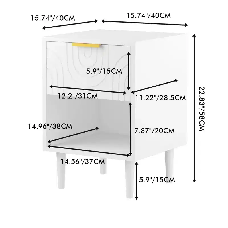 JVNOXK 22.83 Inch Modern Nightstand with One Spacious Drawer and Open Shelf, Gold Decorative Handle, for Bedroom & Living Room, White
