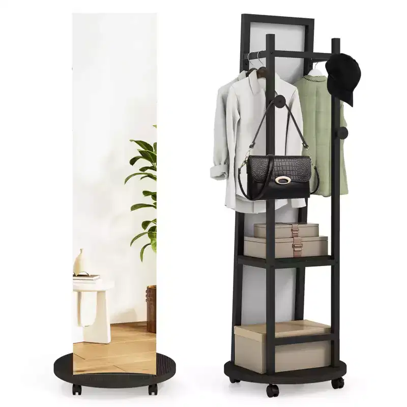 Costway Coat Rack with Full Length Mirror, 3 Hooks & Storage Shelves, 360 Swivel Wheels Browm/Natural/Black & Walnut