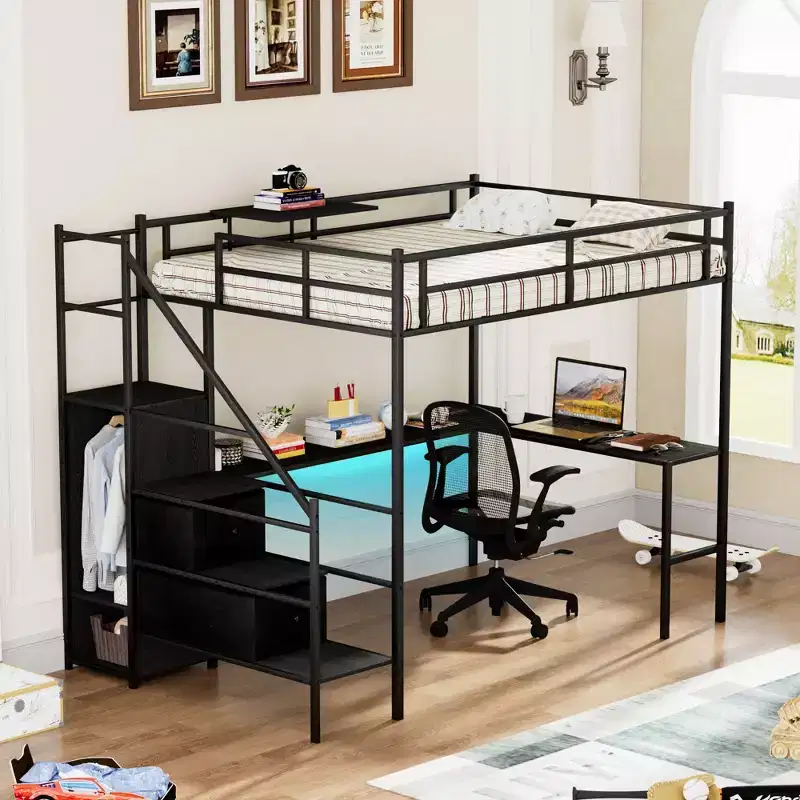 Full Size Metal Loft Bed with L-Shaped Desk, Safety Rails, Ladder & Storage Shelves - Black