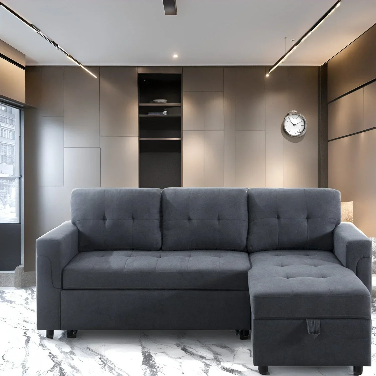 Reversible Sectional Sofa with Pull-Out Sleeper Bed, Hidden Storage Chaise, Durable Legs,