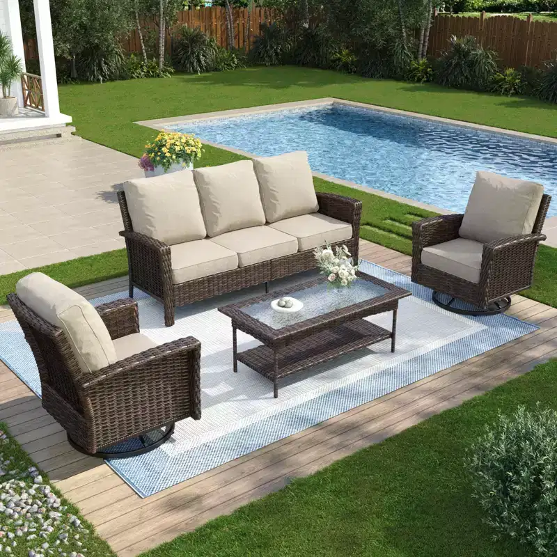 Captiva Designs 4pc Oversized Patio Outdoor Wicker Furniture Conversation Sofa Set with Coffee Table for Garden Yard Porch