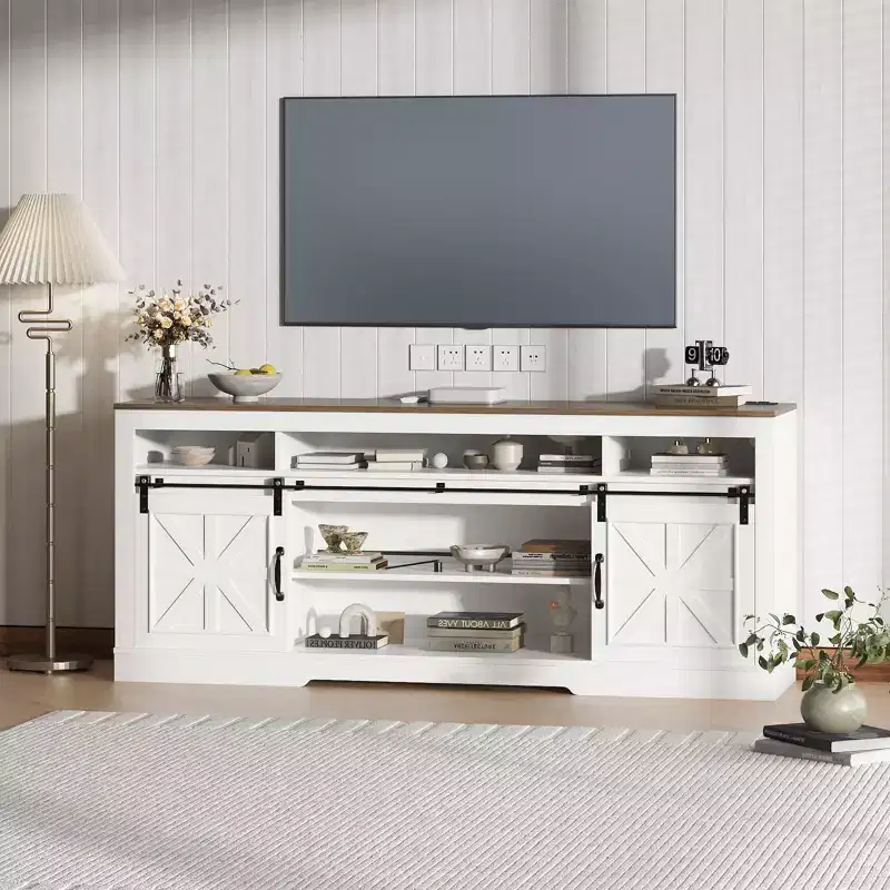 Farmhouse Style 66 TV Stand for 75 Inch TV  Media Console Table with Barn Doors, Adjustable Shelves, Open Storage suitable for Living Room