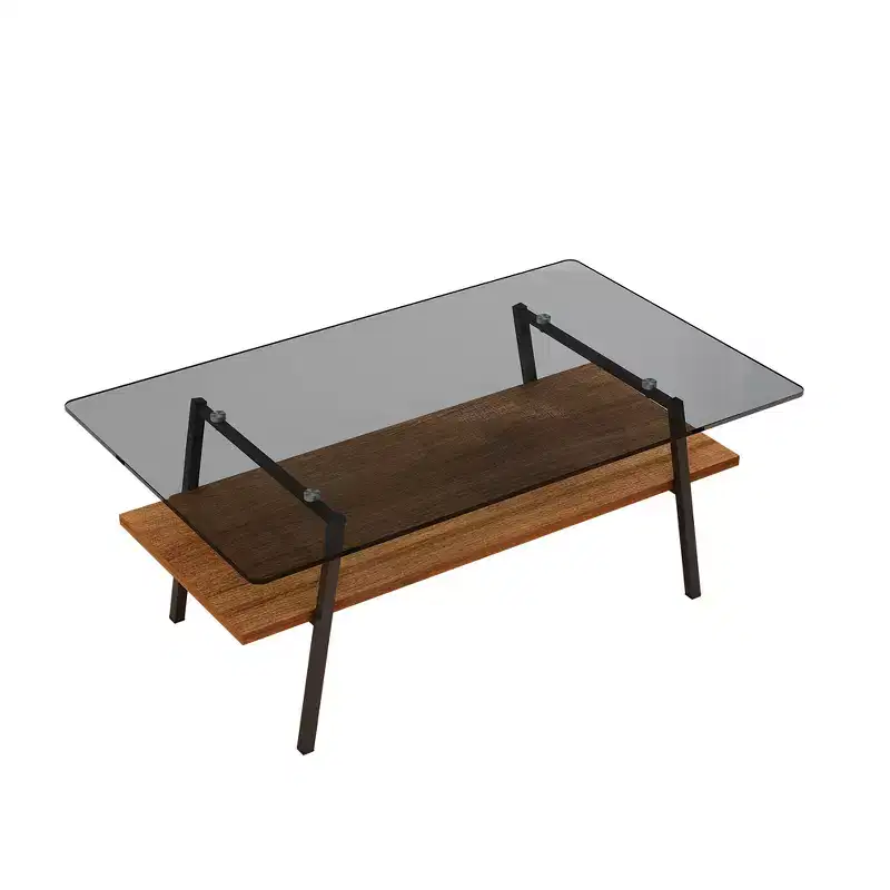 Zeus & Ruta Modern Rectangle Coffee Table with Gray Tempered Glass Top & Black Metal Legs