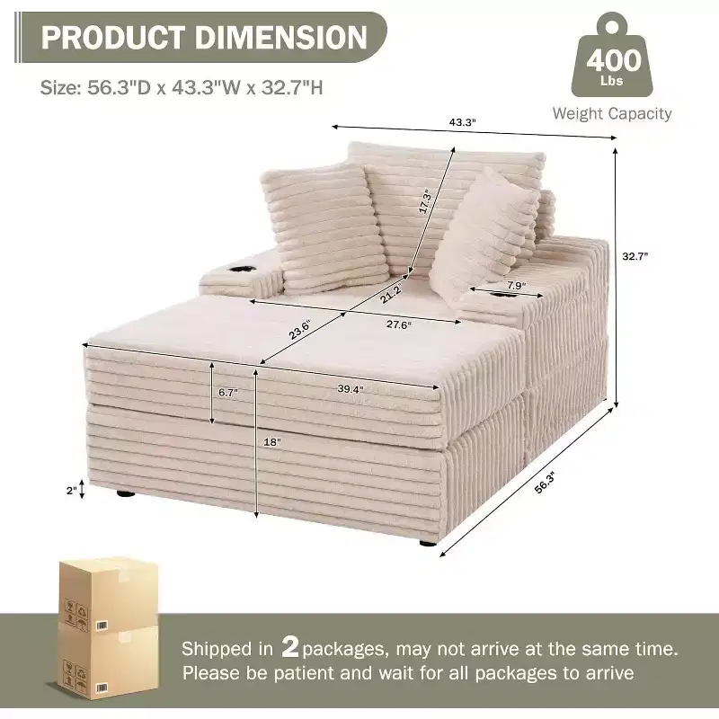 Oversized Chaise Lounge Chair Indoor with Storage Ottoman, Upholstered Corduroy Sofa Bed Cloud Couch with 3 Pillows, Single Sleeper Sofa Chair
