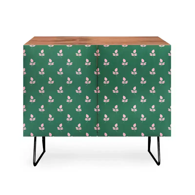 Maritza Lisa Retro Pink Leaf Pattern Credenza - Deny Designs