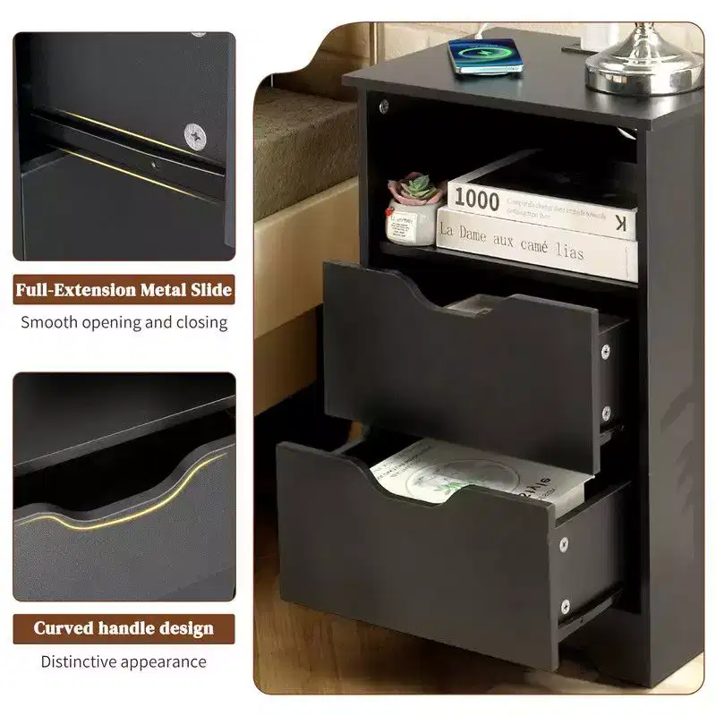Karl Home 15.7In. Black Nightstand, P2 Particleboard, Matte Melamine, Handleless, 2 Drawers, US Outlet (2 Pcs)