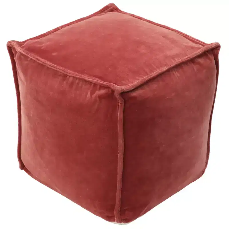 Blush Velvet Square Pouf Ottoman, Modern Upholstered Footstool, No Assembly Required