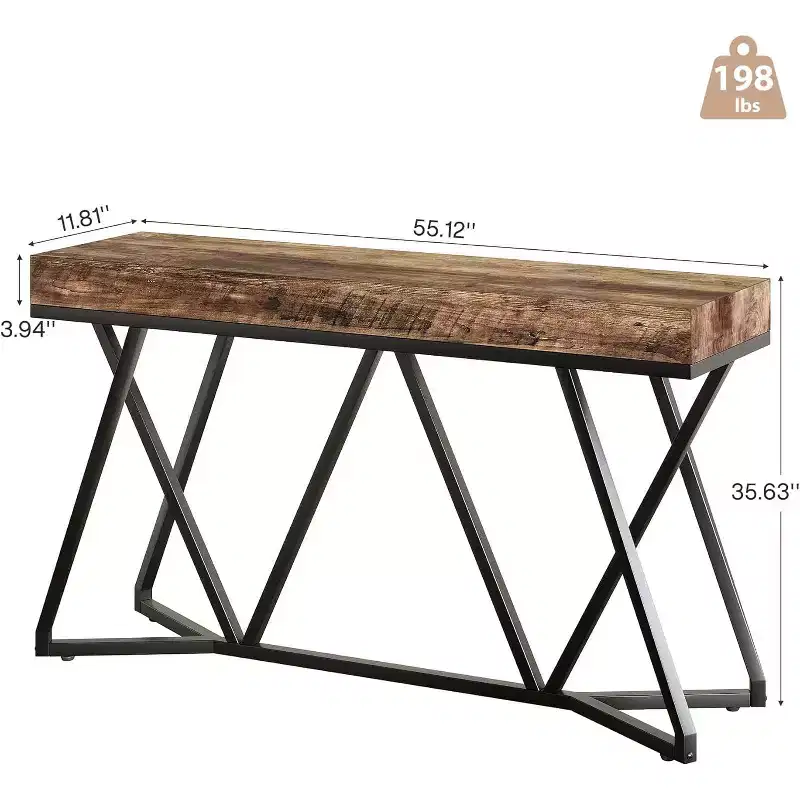 Lantine 55-Inch Console Table for Entryway, Industrial Wooden Sofa Table with Geometric Metal Base for Living Room, Entrance, Hallway, Rustic Brown