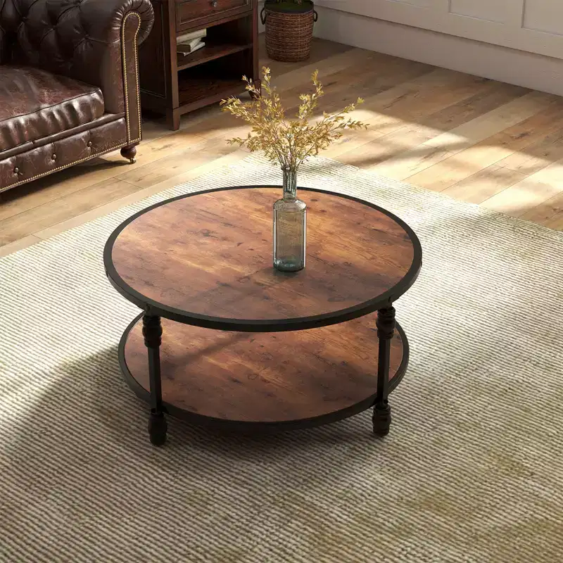 Round Coffee Table for Living Room, 2-Tier Wood Circle Coffee Table with Sturdy Roman Column Metal Legs,Rustic Center Table with Storage Shelf