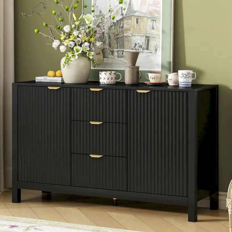 47.2W Sideboard Buffet Cabinet with Wave Design - 3 Adjustable Shelves and 3 Drawers - N/A