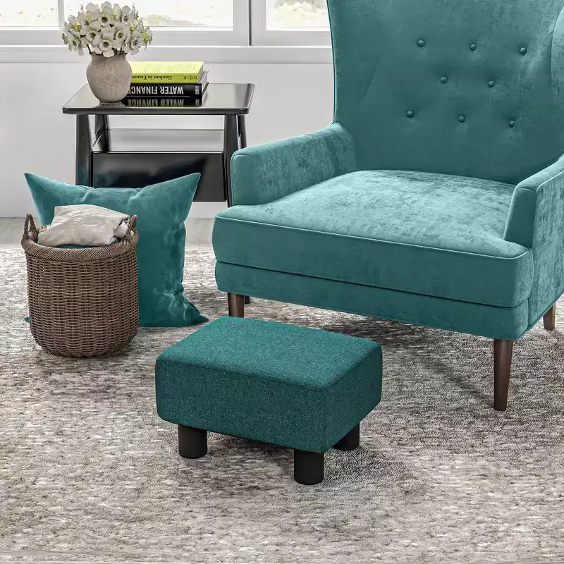 Small Cube Ottoman Foot Stool with Linen Fabric Upholstery - Green