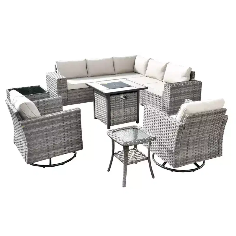Marlton 10pc Wicker Outdoor Fire Pit Patio Furniture Set Conversation Sofa with Swivel Chairs and Cushions