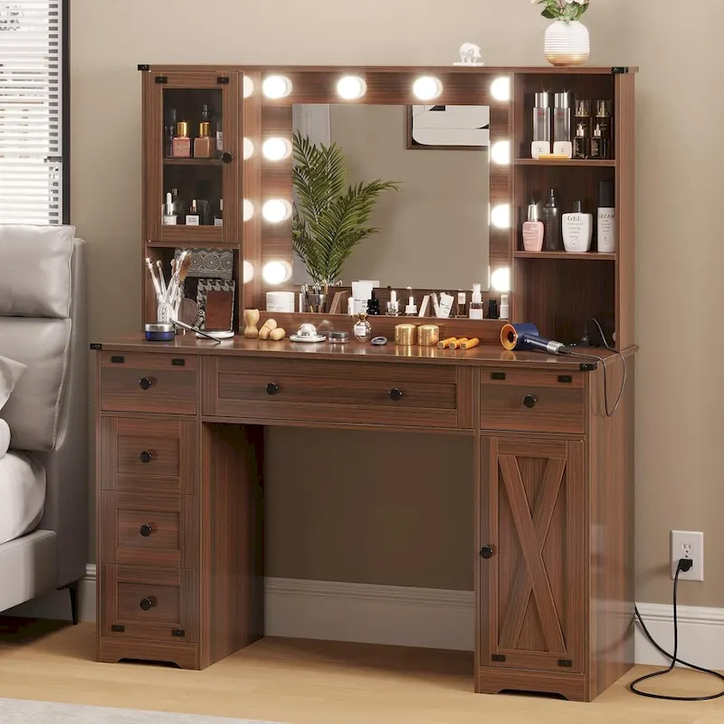 Makeup Vanity Desk with Large Mirrors and Lights Bulb
