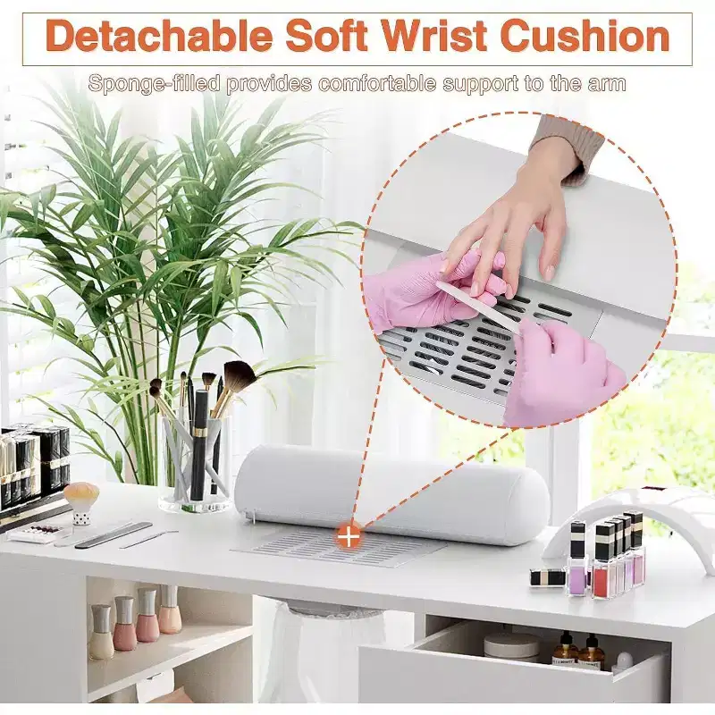 Acekool 42.5 White Manicure Table with Dust Collector, Wrist Rest, 2 Drawers, Cabinet & 4 Shelves  Nail Tech Station for Home & Salon