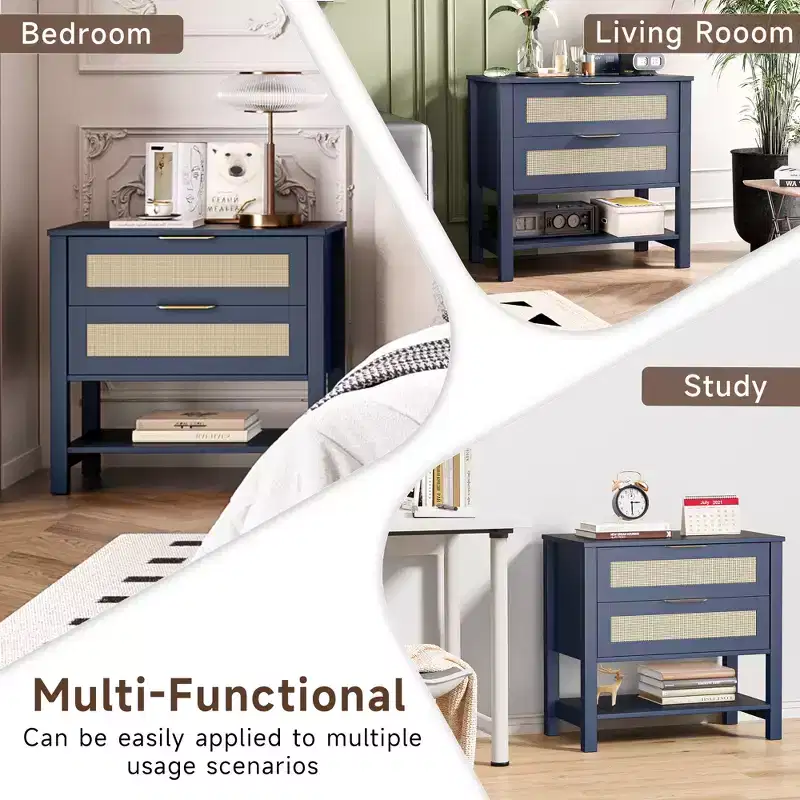 Rattan 2 Drawer Nightstand for Bedroom and Living Room