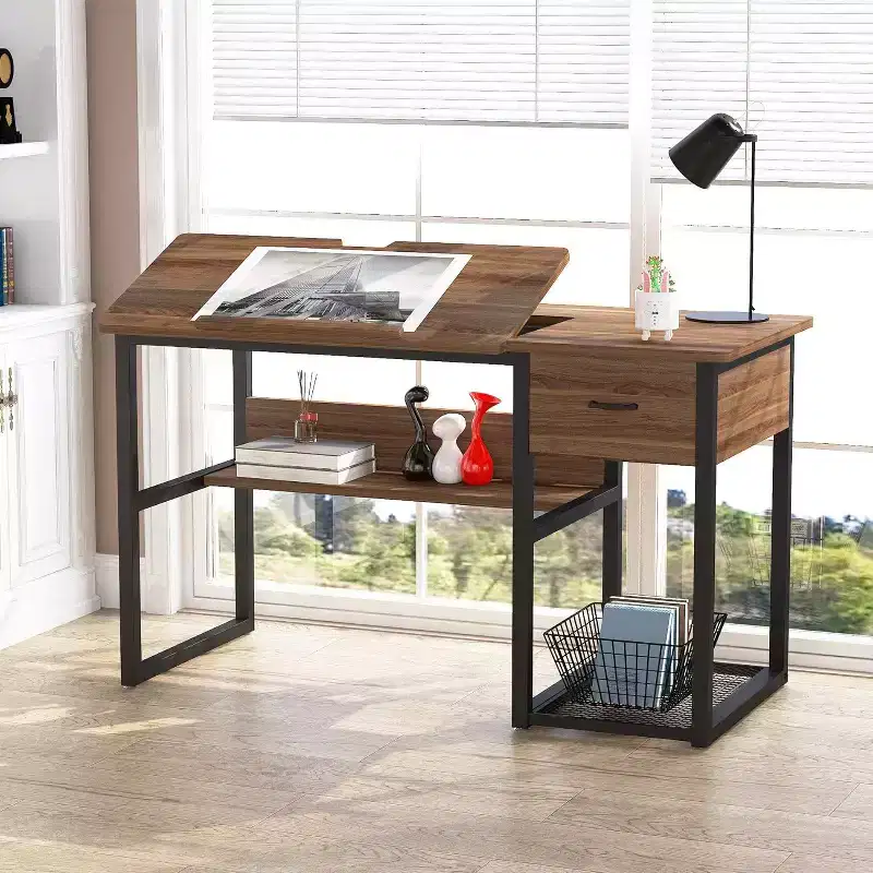 Premium Drafting Table with Storage Drawers, Shelves & Tiltable Tabletop — Home Office