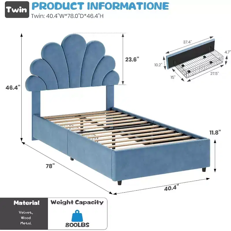 Double-sized upholstered bed frame with 2 storage drawers and an adjustable petal-shaped headboard, made of soft velvet, no spring mattress required.