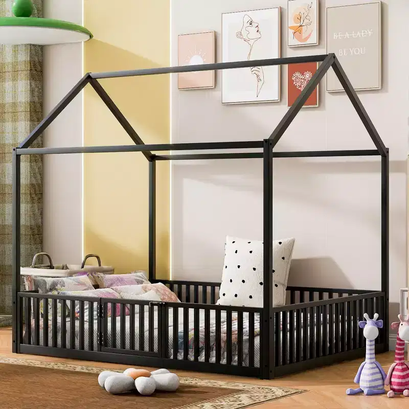 Whisen Elegant Design Metal Frame House Bed with Fence & Door