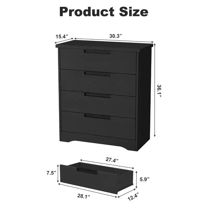 4 Drawer Dresser for Bedroom, Black Chest of Drawers with Embedded Handles Design, Wooden Dresser Organizer